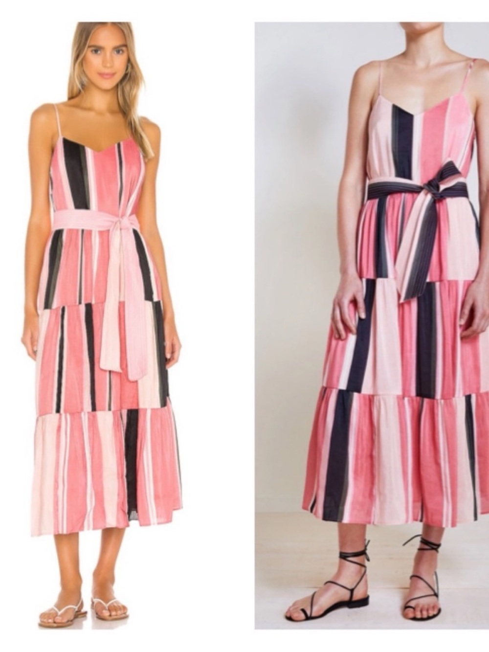 APIECE APART Striped Linen Silk Blend Tiered Midi Dress Pink Belted Tie Waist